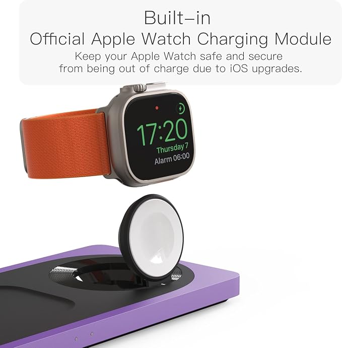 PETINO Mag-Safe Charger Stand, 3-in-1 Magnetic Wireless Charging Station for Apple Devices, iPhone 15/14/13/12 Series, Apple Watch, AirPods Pro (Purple) | For iPhone 17/Air/16/15/14/13/12, AirPods & Apple Watch, Foldable Portable Aluminum Charging Stan...