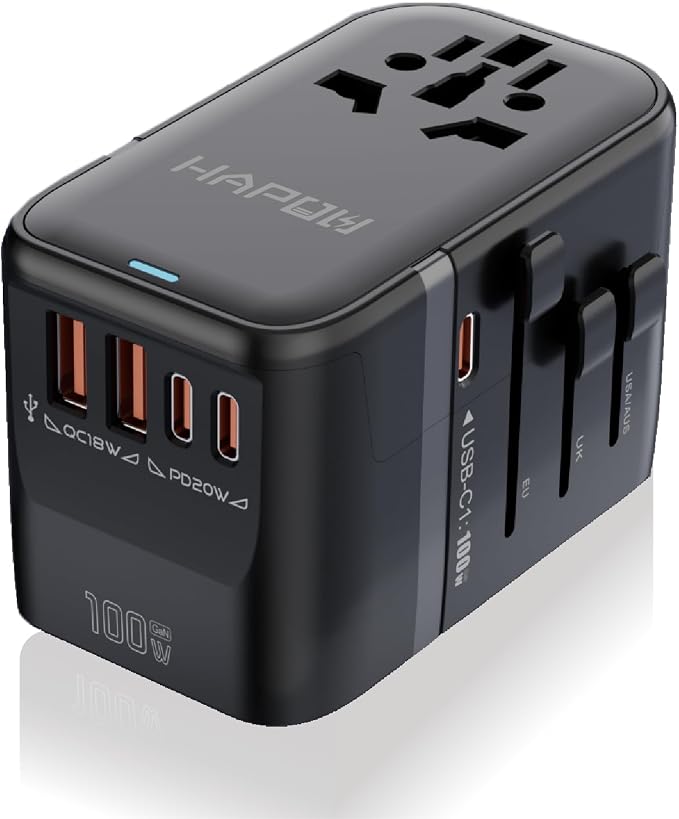 HAPOW Universal Travel Adapter, PD100W International Power Adapter,3 USB-C & 2 USB-A Fast Charging Travel Charger, All in One Worldwide Travel Plug Adapter, Outlet Adapter for EU UK USA AU, Black