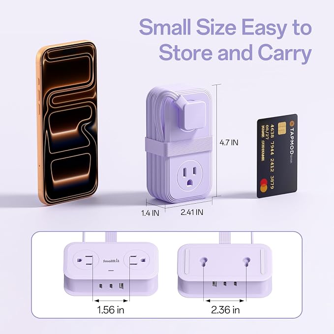 Travel Power Strip, SMALLRT 2 Pcs Extension Cord with Multiple Outlets, 3.3FT Wrapped Extension Flat Plug Power Strip with 4 AC Outlets for Travel, Hotel, Cruise Approved, No Surge Protection, Purple