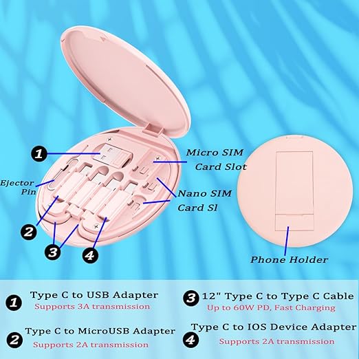 Multi USB Charging Adapter Cable Kit, USB C to iOS Device Adapter Box, Conversion Set A & Type C to Male Micro /Type C/iOS Device, Data Transfer, Card Storage, Tray Eject Pin, Phone Holder (blue)