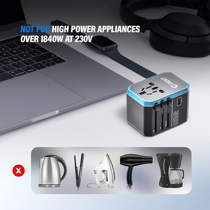 Universal Travel Adapter for Europe and International Travel from USA, Type C EU/Type G UK/Type I AU/Type A US, 1 AC Outlet, 1 USB-C and 4 USB-A Ports, Unidapt Travel Plug Adapter