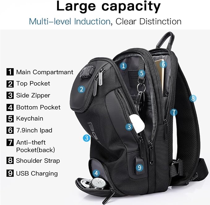 BANGE Sling Backpack with Lock, Anti Theft Crossbody Shoulder Bag for Men Women, Waterproof Small Daypack with USB Charging Port for Outdoor Sports