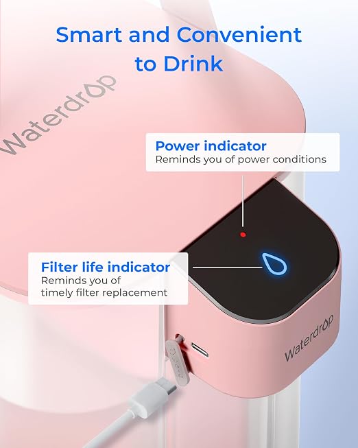 Waterdrop ED01P Electric Water Filter Pitcher, Reduce 99.6% of Lead and 45+ Impurities, 15-Cup 200-Gallon Capacity, Rechargeable Instant Dispenser, NSF/ANSI 42&53&401&372, Does not Lower TDS, Pink