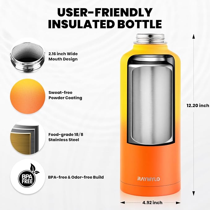 RAYMYLO Insulated Water Bottle 87 oz, Triple Wall Vacuum Stainless Steel (Cold for 48 Hrs), Leak Proof & Non-BPA, Modern Water Flask Jug with Paracord Handle & Straw Spout Lids, Ombre Orange