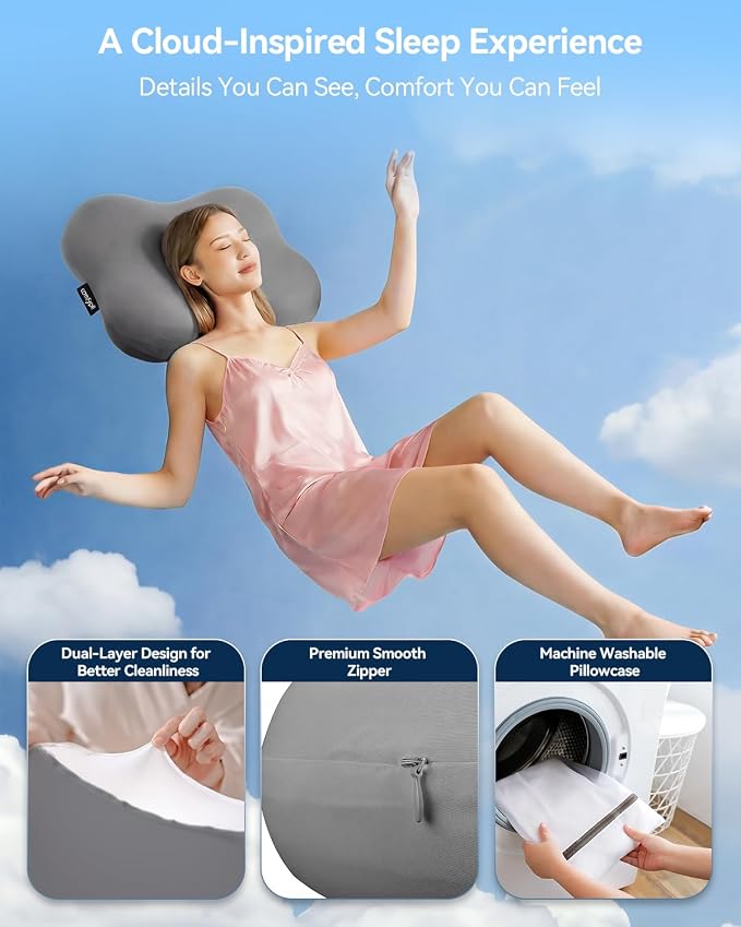 Cervical Pillow for Neck Pain Relief, Ergonomic Contour Memory Foam Pillow for Side Back Stomach Sleepers, Deep Sleep Pillow for Cloud-Soft Shoulder Support with Cooling Pillowcase, Grey