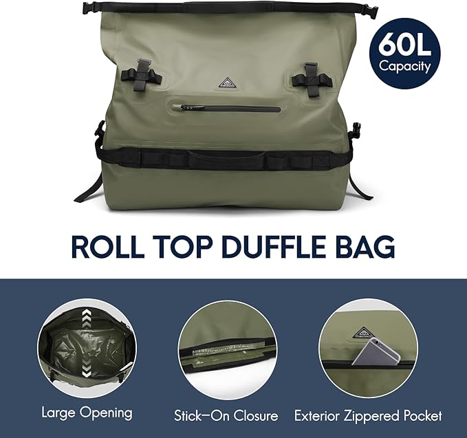 Haimont IPX7 Waterproof Roll-Top Dry Duffel Backpack | 60L/90L Sizes, 500D Tarpaulin, Welded Seams, Mesh Pockets, Boating & Kayaking