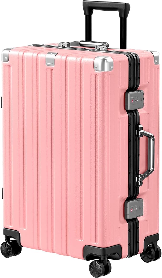 Krute Carry On Luggage 20 inch Aluminum Frame Luggage with Spinner Wheels Hardshell No Zipper PC+ABS TSA Lock Zipperless Suitcases Pink