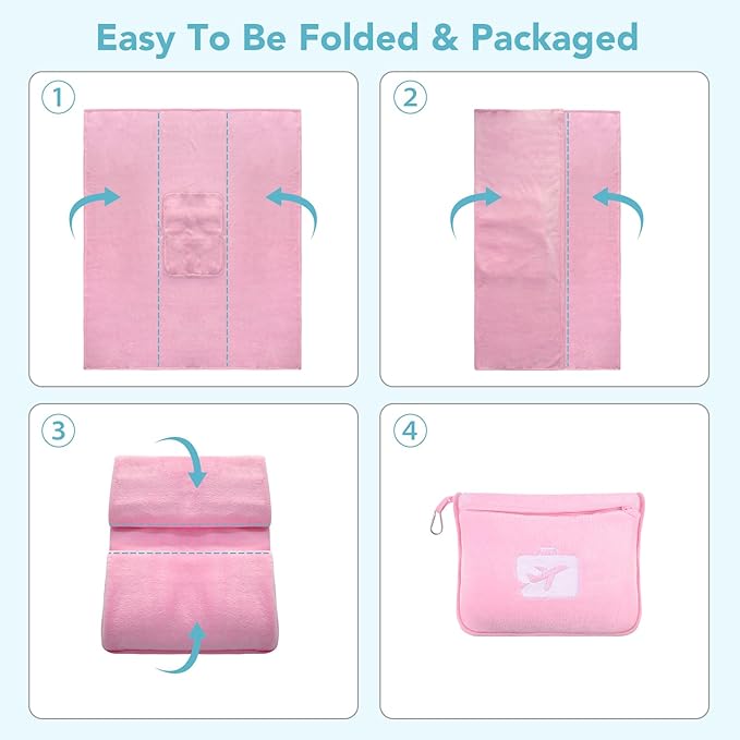SINLAND Travel Pillow and Blanket 2-in-1 Set,Airplane Packable Bag,Soft and Lightweight Plane Flight Car Trips Travel Essentials Gift,Hand Luggage Sleeve and Backpack Clip,60x53 Inch Pink