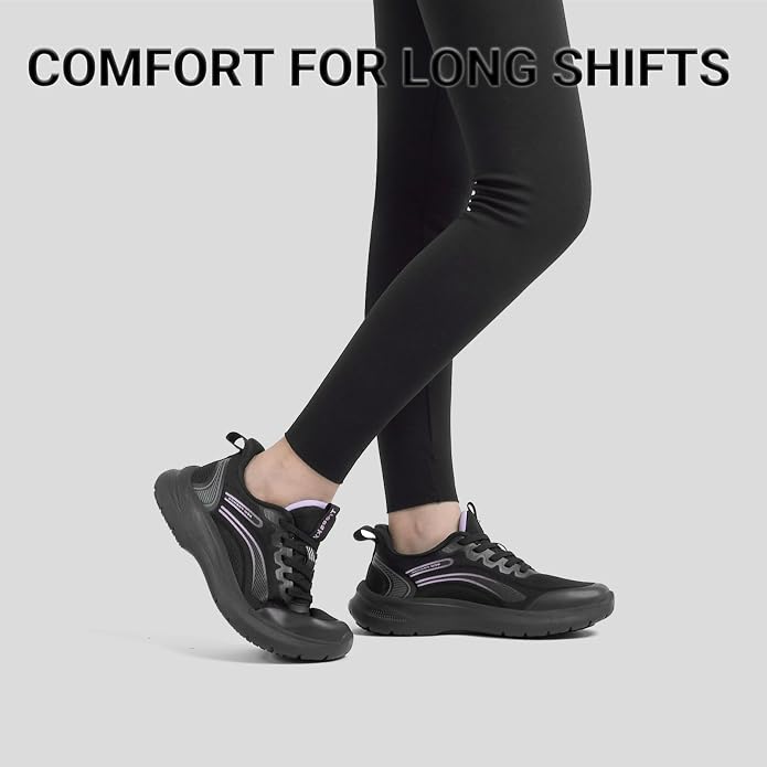 Treesky Black Non Slip Work Shoes for Women, Restaurant & Kitchen Sneakers | Slip resistant soles, lightweight cushioning, breathable knit, removable insole, for nursing, food service & long shifts