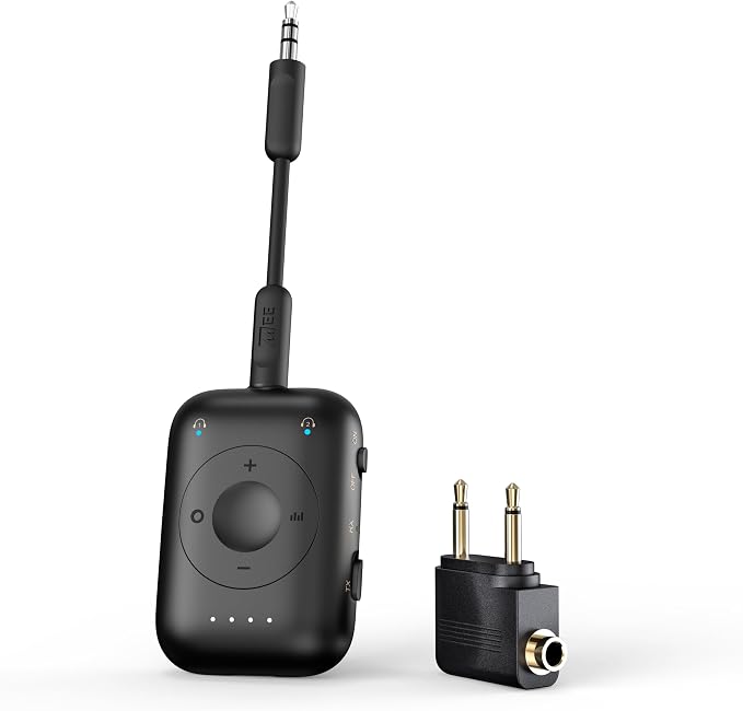 MEE audio Connect Air Pro Bluetooth Wireless Audio Transmitter & Receiver for AirPods or Bluetooth Headphones, 2-in-1 Adapter with Detachable Cable 3.5mm Aux Audio Jack for Airplanes, Auto, Gym, Black