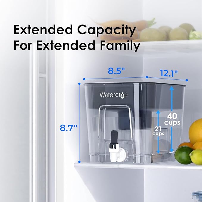 Waterdrop WFD-22L Large Water Filter Dispenser with 4 Filters, 40-Cup Water Filter Pitcher, 200-Gallon Long-Life, Reduces Chlorine, PFOA/PFOS and More, BPA Free, Black