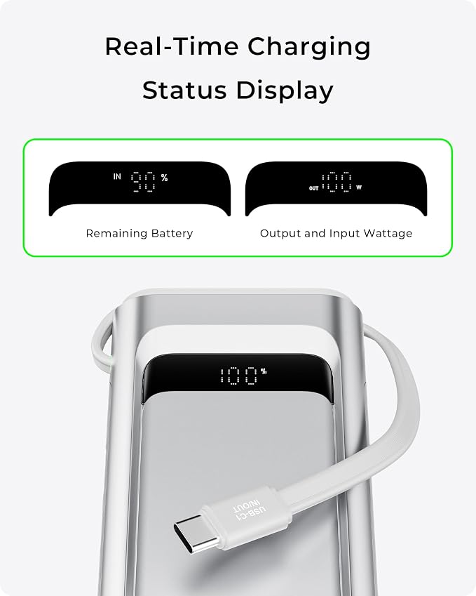 TALIX 10000mAh Portable Charger, 3-Port USB-C Power Bank, 100W Max Fast Charging Battery Pack with Built-in Cables for iPhone 17/16/15 Pro Max,iPad,Samsung Galaxy,Phone, TSA Approved Travel, Silver