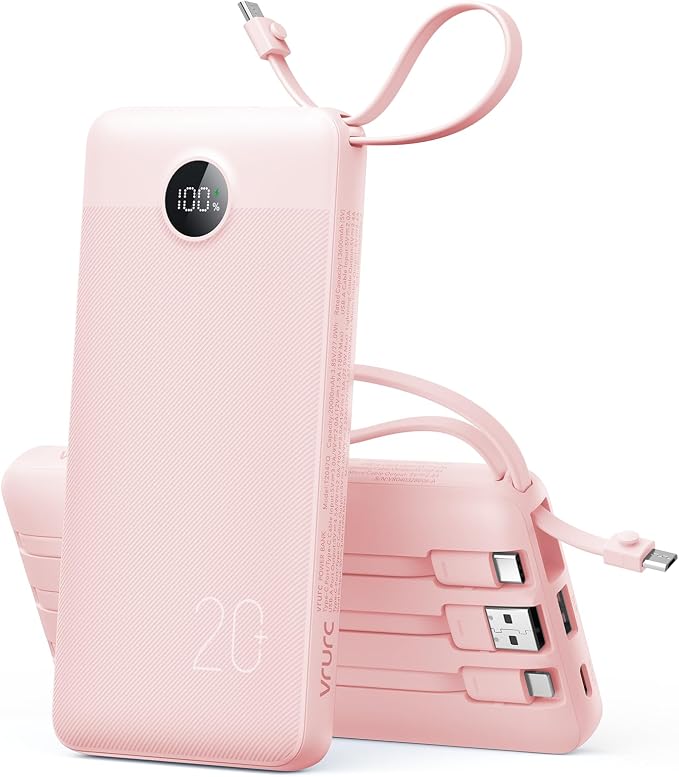 VRURC Portable Charger Slim 20000mAh Power Bank,22.5W PD Fast Charging Travel Essentials Powerbank 4-Built-in-Cables&2 Extra Ports Compatible with iPhone,iPad,Galaxy,Android (Pink)