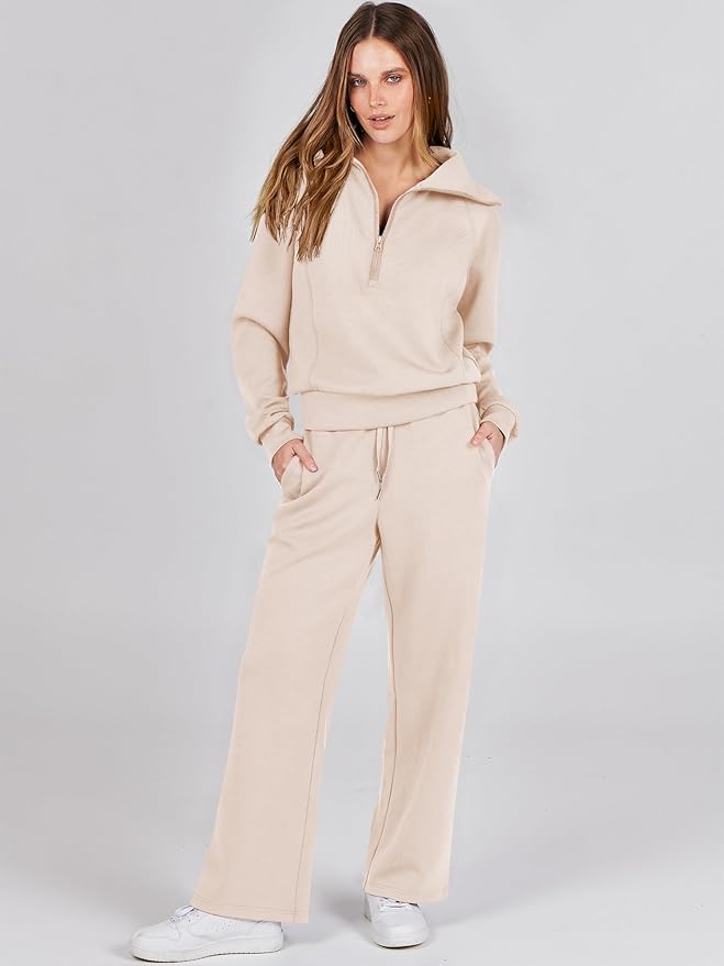 ANRABESS Women’s 2 Piece Outfits Half Zip Sweatshirt & Wide Leg Pants Airport Travel Lounge Matching Sets Sweatsuits Clothing
