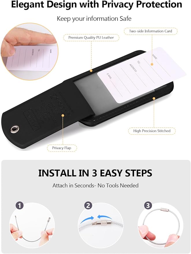 Luggage Tags Built-in Anti-Loss Tracker, Luxury Leather Luggage Tags for Suitcase, Travel Bags, Backpacks, Travel Organizer for Lost Baggage Prevention (S-Black)