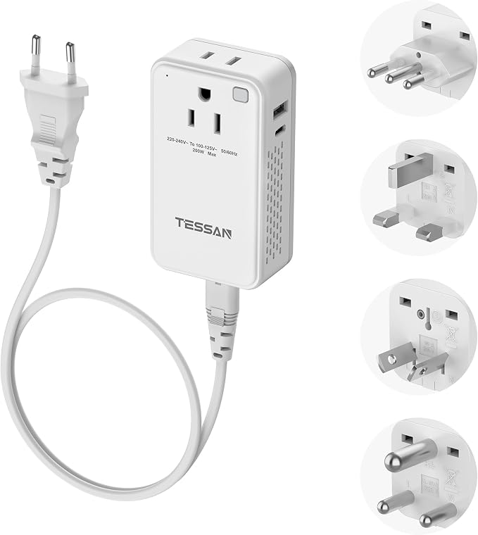 TESSAN Compact 220V to 110V Voltage Converter US to Europe, Universal Travel Adapter with 2 AC Outlets and 2 USB (1 USB-C), 200W Small Power Converter with EU/UK/AU/IT/India Plugs for Travel