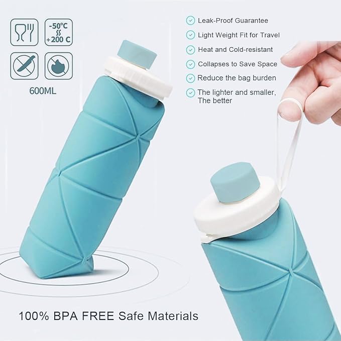 Folding Silicone Water Bottle Sports Water Bottle Outdoor Travel Portable Water Cup Running Riding Camping Hiking Kettle - 600 Ml - Blue