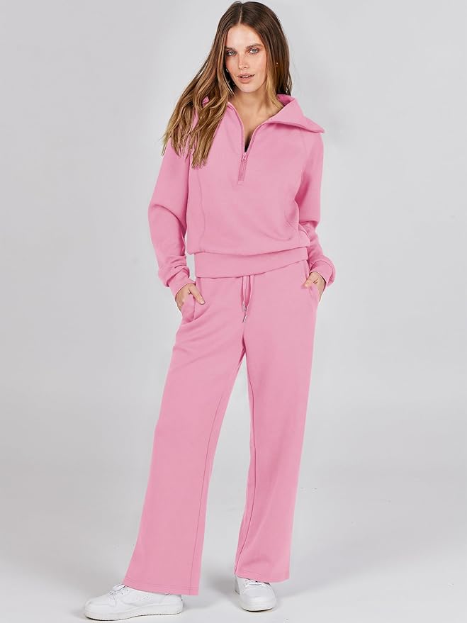 ANRABESS Women’s 2 Piece Outfits Half Zip Sweatshirt & Wide Leg Pants Airport Travel Lounge Matching Sets Sweatsuits Clothing