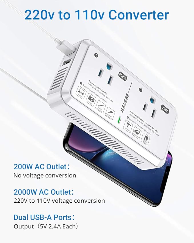 Universal Travel Adapter 220V to 110V Voltage Converter US to Europe 2000W Travel Voltage Converter with 2 USB Ports and EU/UK/AUS Plug Adapter for Hair Dryer/Curling Iron (White)
