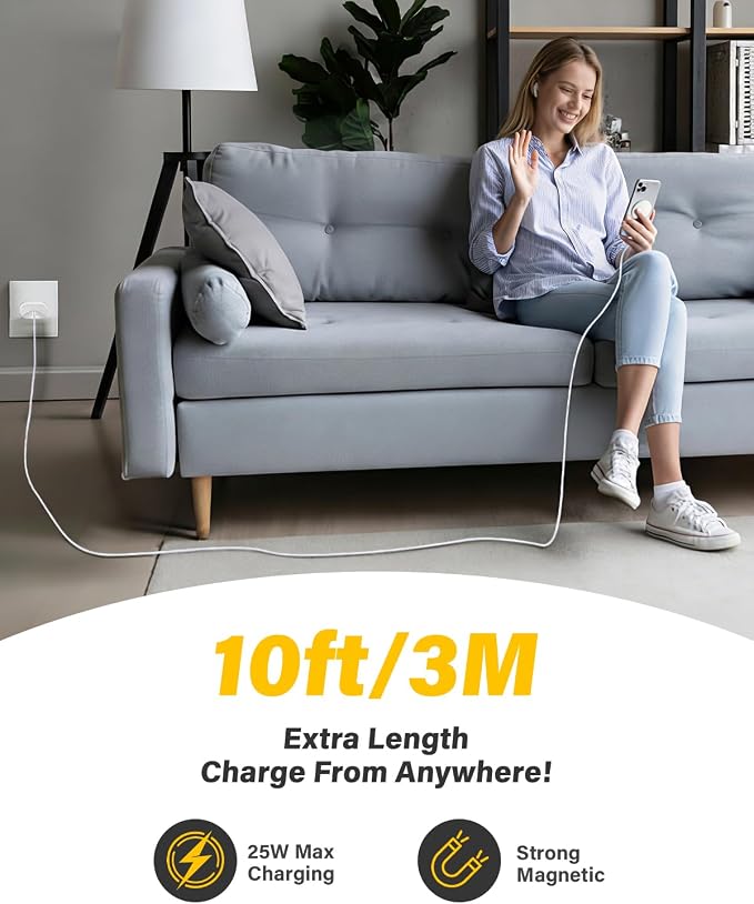 25W Wireless Charger for MagSafe, Magnetic Fast Charging Pad for iPhone 17/16/15/14/13/12 Series & AirPods, Strong Magnet, Portable Wireless Charger for Travel Home Office (White, 2Pack(10FT))