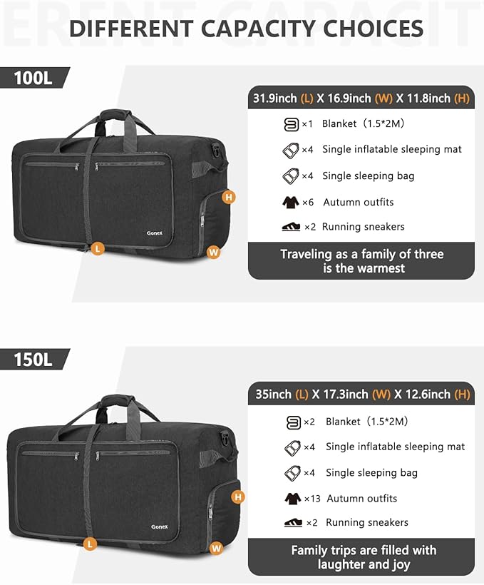 Gonex Large Foldable Travel Duffle Bag with Shoes Compartment, Packable Lightweight Water Repellent Duffel Bag for Camping Gym Weekender Bag