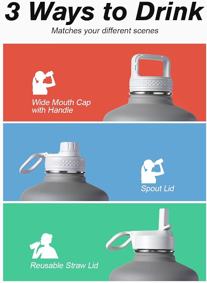Coolflask 128 oz Gallon Water Bottle Insulated with Straw&3 Lids, Water Jug Large Stainless Steel Metal Vacuum Wide Mouth for Sports, Gym or Office, Non-BPA Keep Cold 48H Hot 24H, Dark Grey