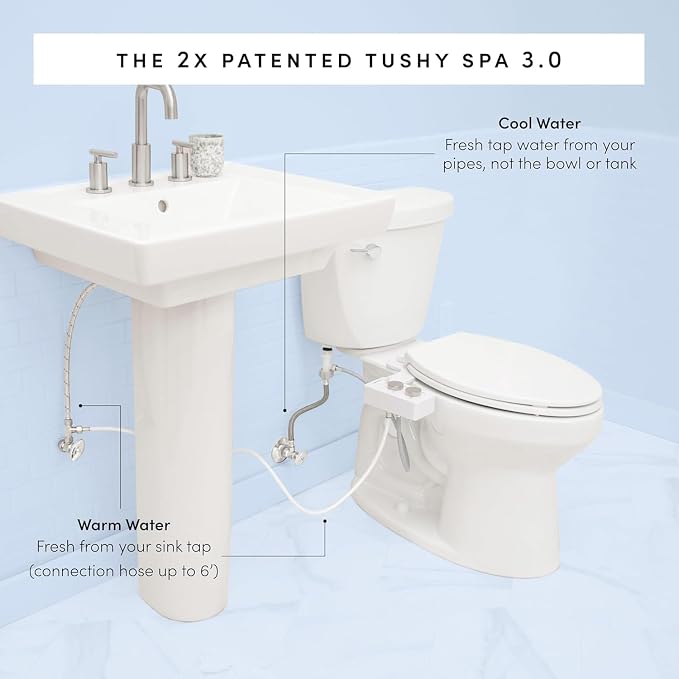 TUSHY Spa Warm Water Bidet Attachment for Toilet. Universal Fit, Easy Install (Requires Sink Access for Optional Temperature Control) Self Cleaning, Adjustable Pressure, Angle Control, Pink/Bamboo
