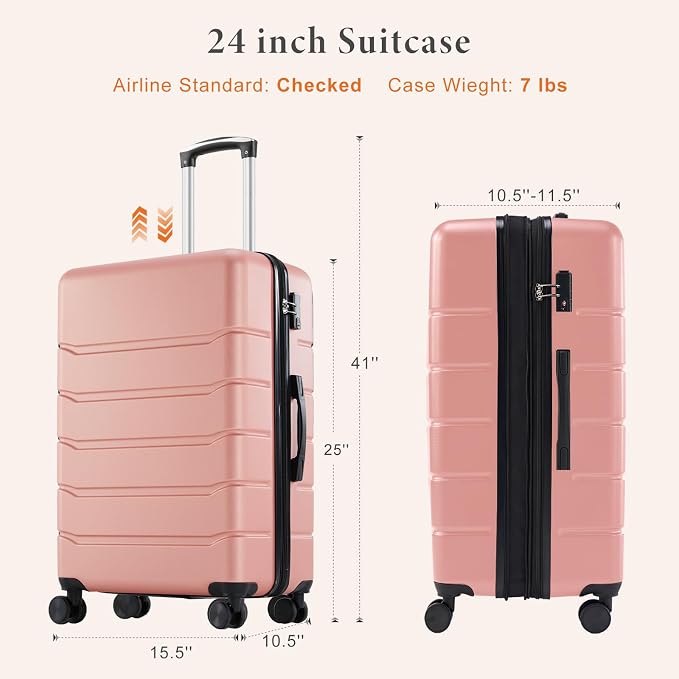 Sweetcrispy Carry on Luggage, Hard Shell ABS Suitcase with Double Spinner Wheels, Lightweight Expandable Rolling Suit Case with TSA Lock, 24 Inch Pale Pink