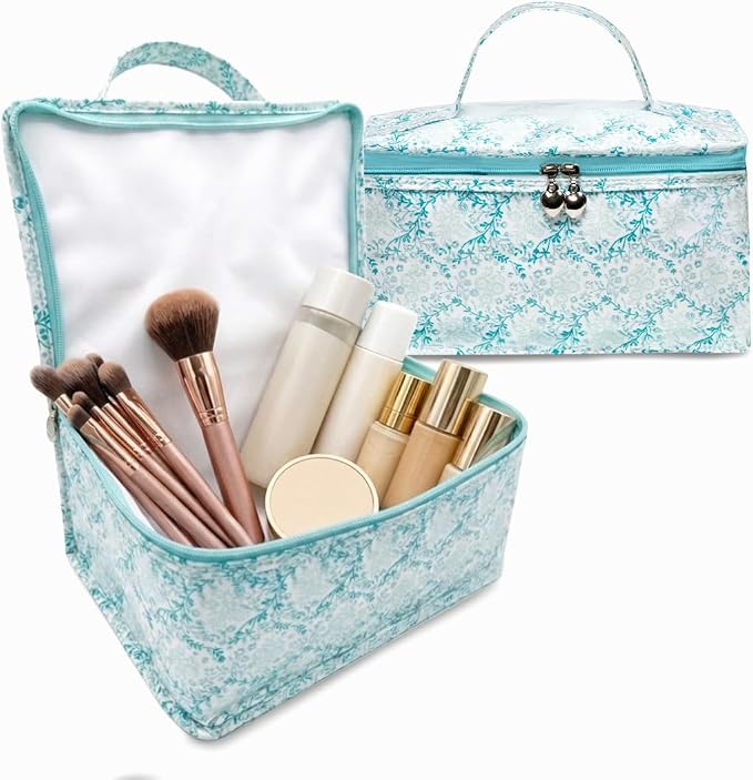 Jacaranda Living Vanity Bag/Train Case - Water-Resistant, PVC-Lined, Easy to Clean, Compact & Travel Ready Makeup Organizer - Aqua Trellis Print