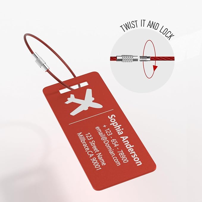 10 Personalized Metal Luggage Tags, Custom Suitcase Aluminum Name Tags with Steel Ring, Laser Engraved Name and Logo, for Travel, Backpack, Baggage, Golf Bag (Red)