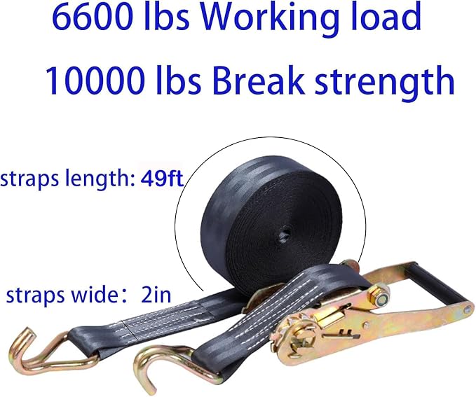 2 Pack Ratchet Straps Heavy Duty, 10000 LBS Break Strength Ratchet Strap Tie Down, 2” x 49ft Black Tie-Down Ratcheting Cargo Truck Straps with Durable Double J Hook for for Truck
