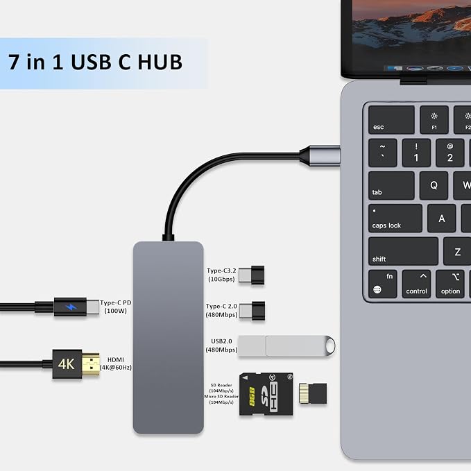 USB C Hub, 7 in 1 USB C Adapter Docking Station with 4K HDMI, 100W PD, Type-C 3.2, Type-C & USB 2.0, SD/Micro SD Card Reader for MacBook, Laptops,Tablets, Switch, OTG Function Devices