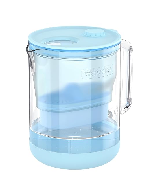 Waterdrop PT-72B-A Glass Alkaline Water Filter Pitcher, 7-Cup, Eco-Friendly, Enhances Alkaline Water, for Home & Office, Reduces Chlorine, Cadmium, Copper & Mercury, Blue