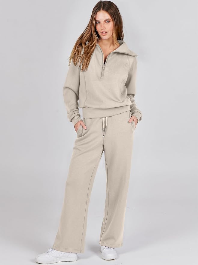ANRABESS Women’s 2 Piece Outfits Half Zip Sweatshirt & Wide Leg Pants Airport Travel Lounge Matching Sets Sweatsuits Clothing