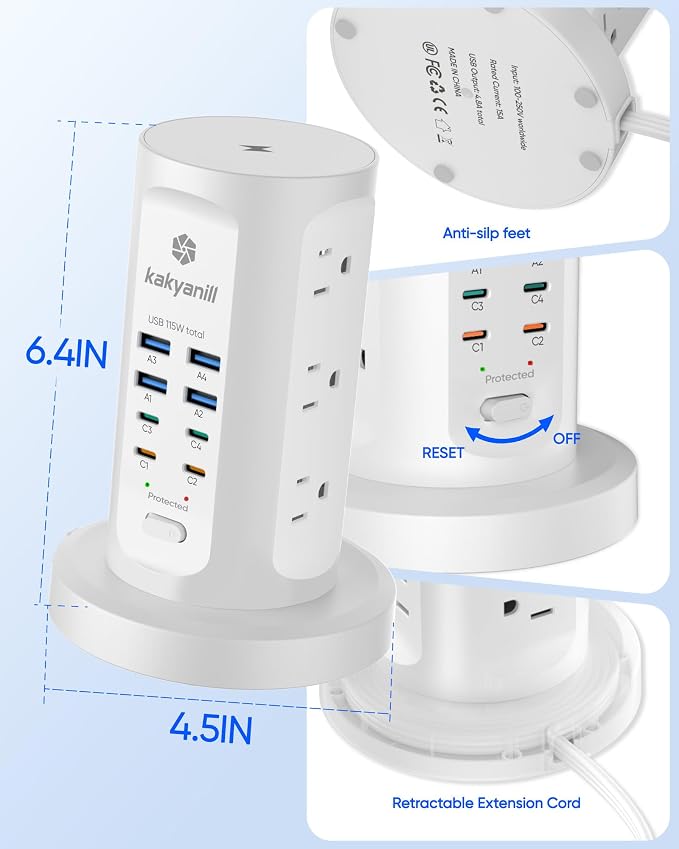 Power Strip Tower, PD 65W USB Charging Tower, kakyanill Surge Protector Tower 9 AC Outlets 8 USB (4 USB C), 6 Ft Retractable Extension Cord, Charging Station for Office Dorm Room, White