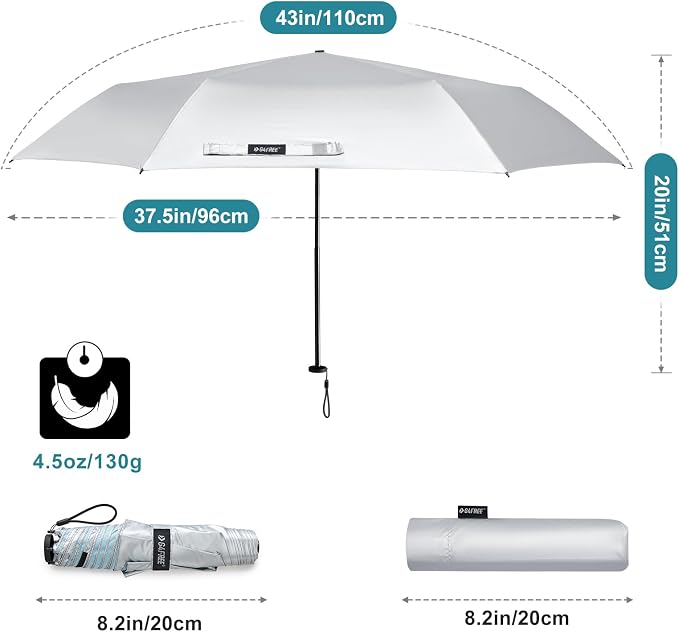 G4Free 43in Mini Travel Umbrella Ultralight Carbon Fiber UPF 50+ Umbrella | UV Protection, Sun Block, For Sun, Super Slim, Small Size, Weighs Only 4 oz, Compact Design, For Travel, For Purse, Women Use