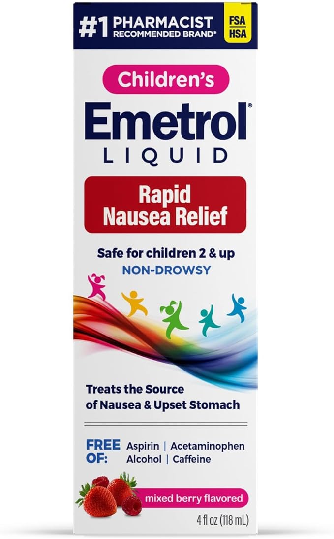 Emetrol Children's Non-Drowsy Nausea Relief - Liquid Nausea Medicine for Upset Stomach - Nausea Relief for Kids - Mixed Berry Flavor - 4fl oz