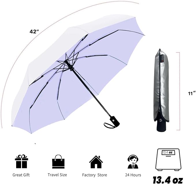 SIEPASA Compact Travel Umbrella - Windproof Auto Open/Close, Small Folding Umbrella for Rain & Sun with UPF50+ - Lightweight Frame, Waterproof - Fits Backpack, Purse, Suitcase.(Silver/Light Purple)
