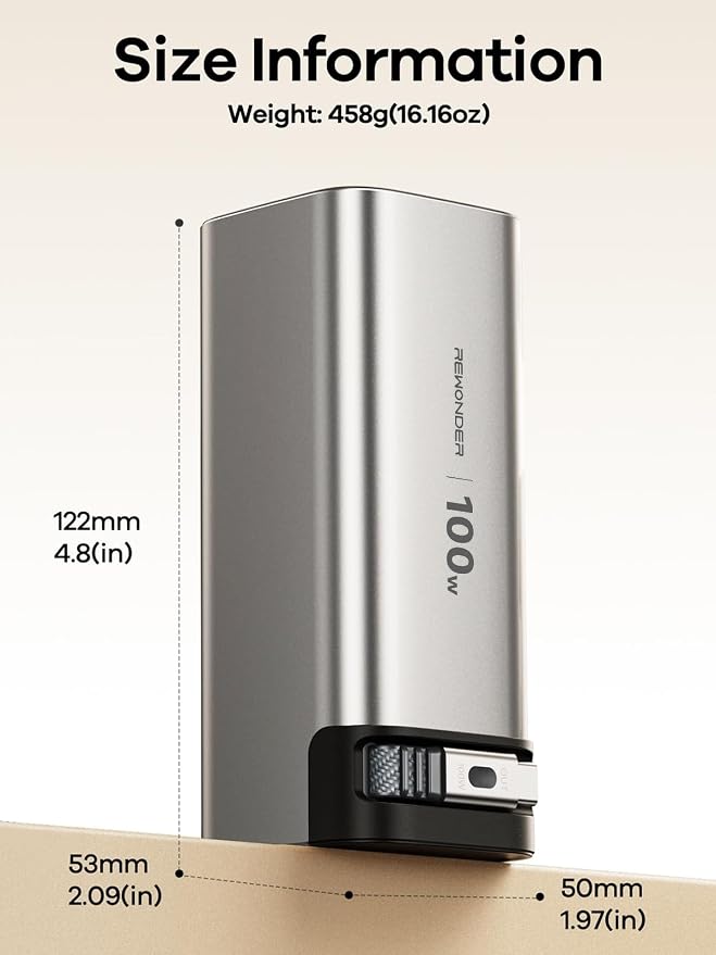 REWONDER 100W Power Bank Fast Charging 20000mAh with Built-in Retractable USB-C Cable, Portable Charger for MacBook Laptop, iPhone 17/16 Series, Samsung, TSA Approved for Air Travel