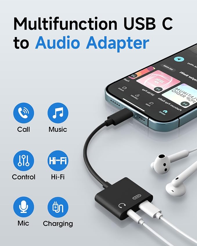 USB C to 3.5mm Headphone and Charger Adapter, 2-Pack Type C to Aux Jack Dongle Cable Cord with PD Fast Charging for iPhone 15/16/17 Pro/Max/Plus, iPad, Samsung Galaxy S23/S24 Ultra （Black）