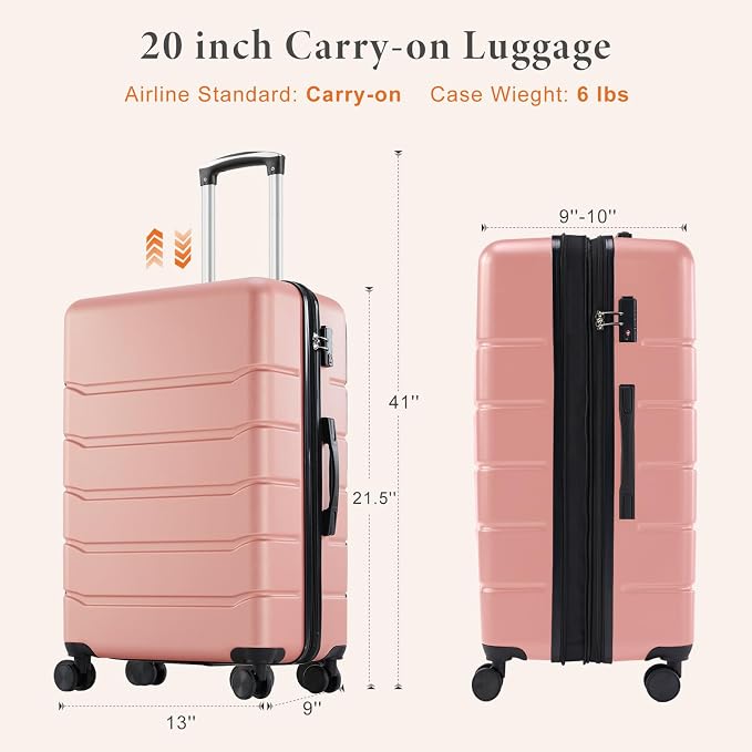 Sweetcrispy 20 Inch Carry On Luggage, Lightweight ABS Rolling Hard Shell Suitcase with Quiet Spinner Wheels, Built-in TSA Lock, Portable Travel Suitcase for Business Trip & Vacation Use, Pink