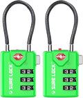 SURE LOCK TSA Approved Luggage Locks with Open Alert Indicator, 3 Digit Combination Cable Travel Lock for Suitcase, Backpack, Gym Locker, Toolbox & Travel Bag（Green 2 Pack