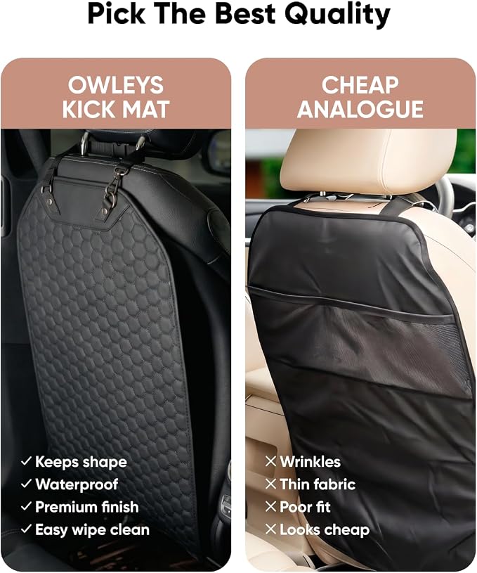Owleys Kick Mat Back Seat Protector - Car Back Seat Cover for Kids Feet - Waterproof & Sturdy Protector for Upholstery from Dirt, Mud, Scratches and Stain (Black)