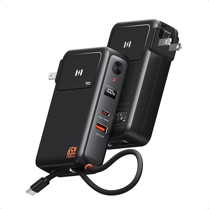 Portable Charger Wall Plug 65W for Laptop, 10000mAh Power Bank Built in Cable, USB-C Phone Battery Pack 35W Fast Charging, Travel Essentials Compatible with iPhone 17 16 15 Samsung iPad MacBook Pro