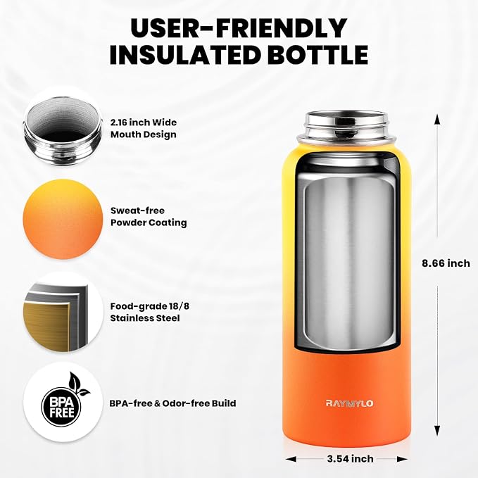 RAYMYLO Insulated Water Bottle 32 oz, Triple Wall Vacuum Stainless Steel (Cold for 24Hrs, Hot for 12Hrs), Leak Proof & Non-BPA, Modern Water Flask Jug with Paracord Handle & Straw Spout Lids