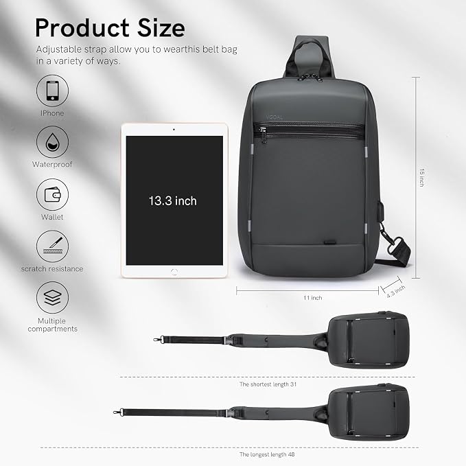 Kingsons 13" Anti-Theft Laptop Sling Backpack. Waterproof nylon, USB port. Ideal for travel, hiking, camping. (FG6301-Black)