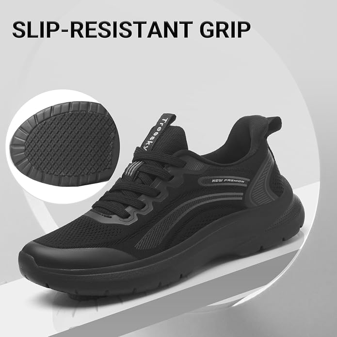Treesky Black Non Slip Work Shoes for Women, Restaurant & Kitchen Sneakers | Slip resistant soles, lightweight cushioning, breathable knit, removable insole, for nursing, food service & long shifts