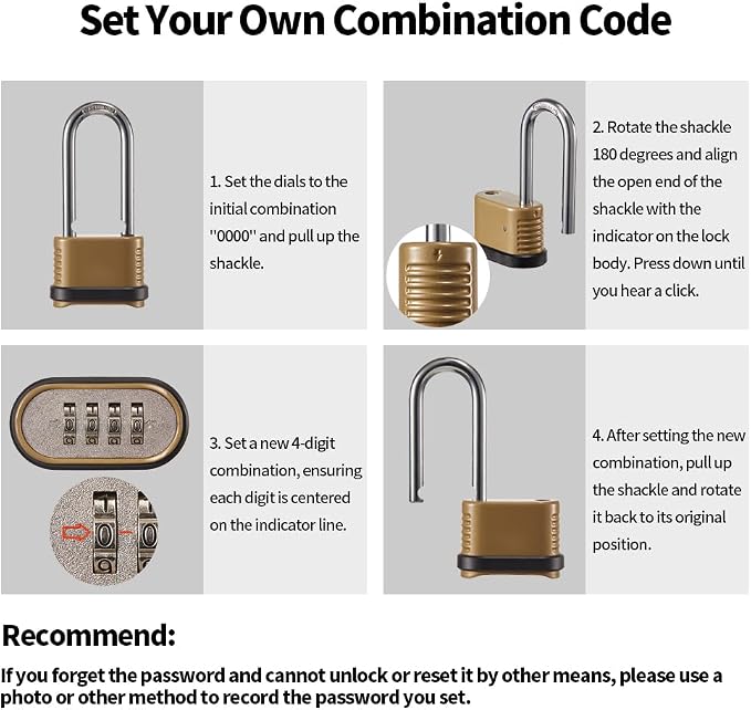CINCINNO Heavy Duty Combination Lock, 4-Digit Combo Lock with Long Shackle,Weatherproof Combination Padlock for Outdoor Use,4 Pack