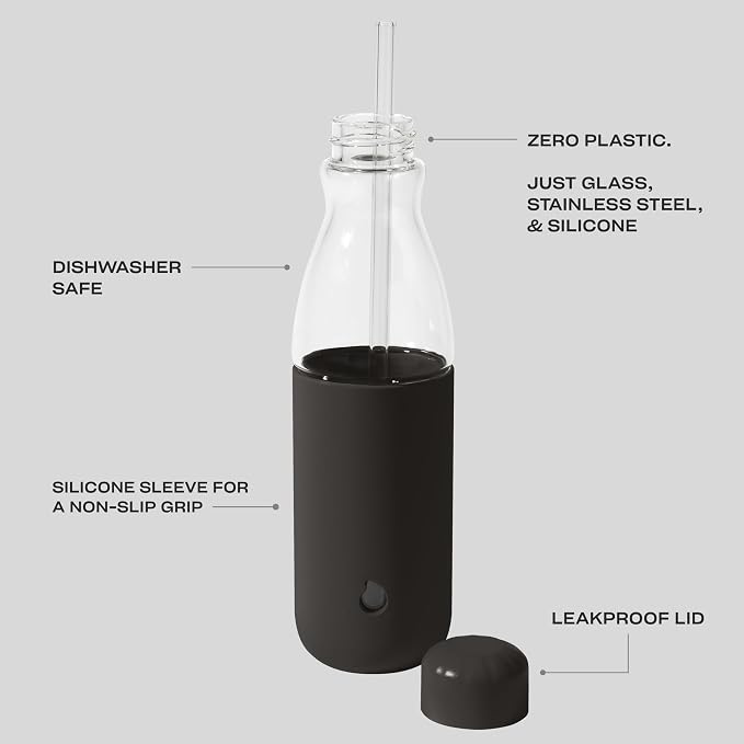 S'well Glass Original Water Bottle With Straw, 18oz, Onyx, Borosilicate Glass Bottle With Collapsible Glass Straw And Silicone Sleeve, Zero Plastic, Leakproof, BPA Free