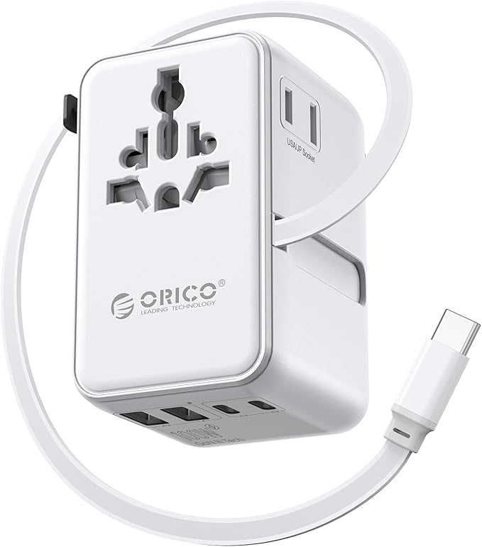ORICO Universal Travel Adapter 100W GaN International Power Adapter with 2 AC, 3 USB-C and 2 USB-A Ports, Built-in Retractable USB-C Cable, European Travel Plug Adapter for Eu US UK AU &200+ Countries
